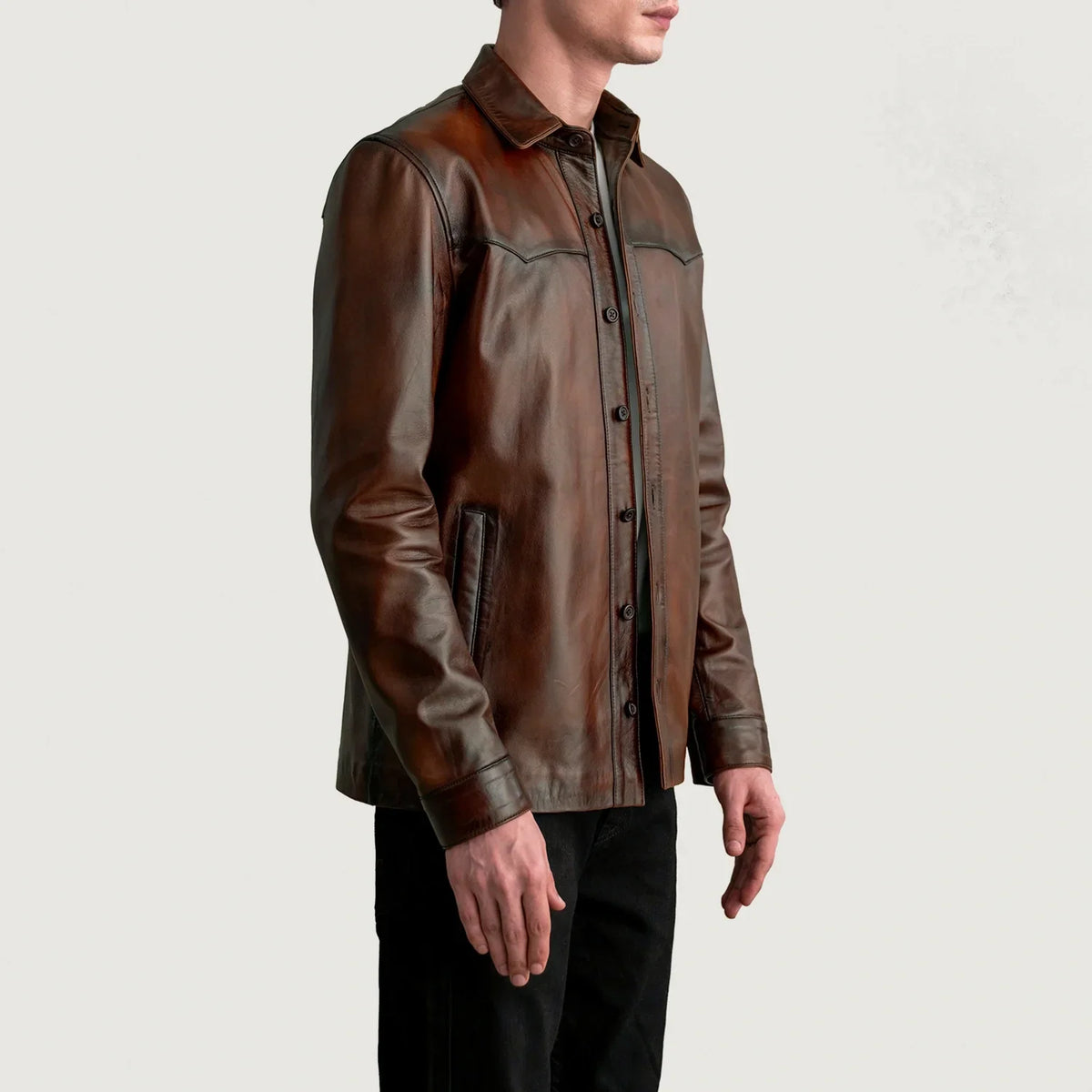 Distressed Brown Sheepskin leather Jacket - Back View Showing Tailored Shoulder Fit & Clean Hemline