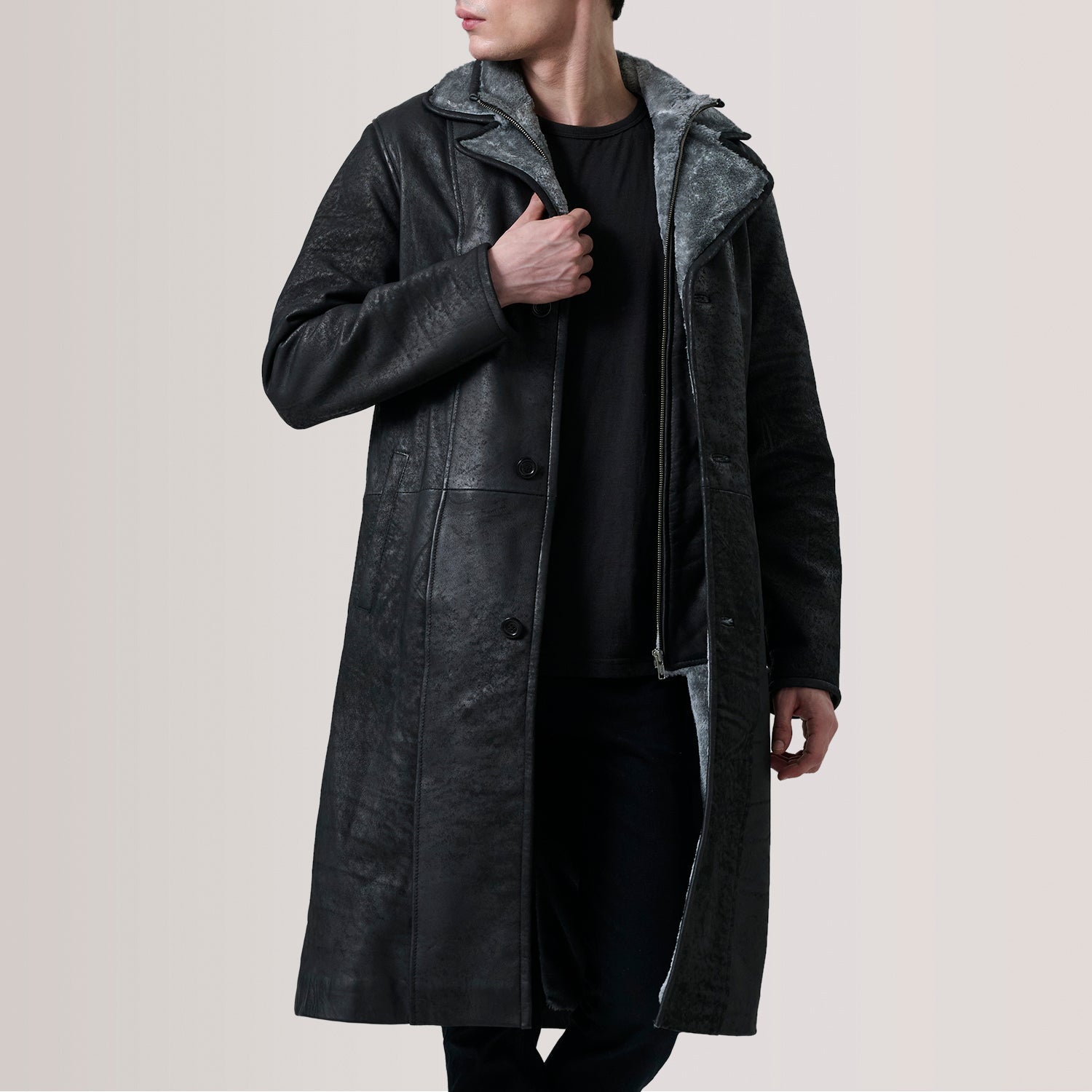 Cai Distressed Black Leather Shearling Coat - image 1