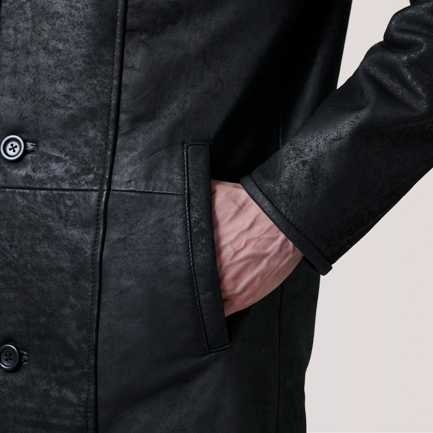 Cai Distressed Black Leather Shearling Coat - image 6