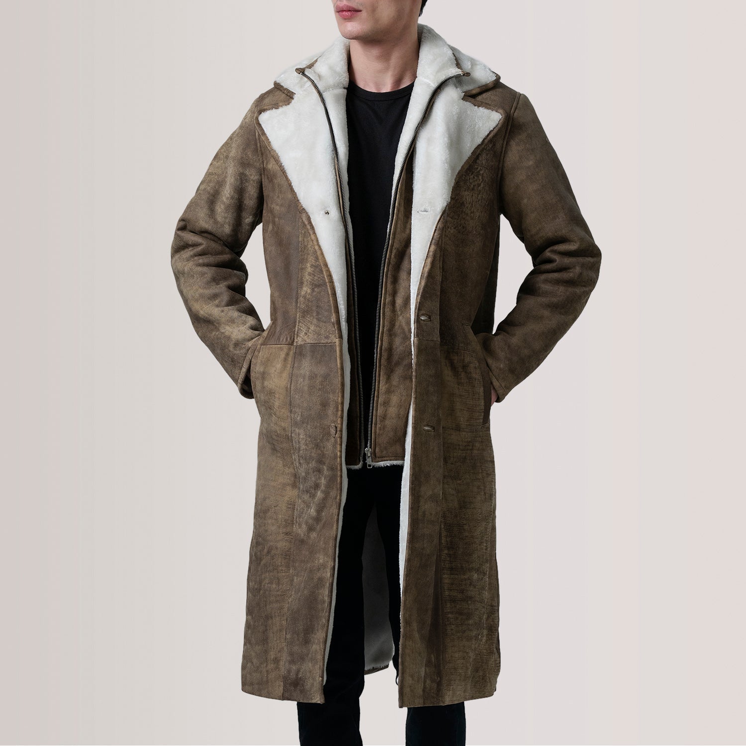 Cai Distressed Brown Leather Shearling Coat - image 1