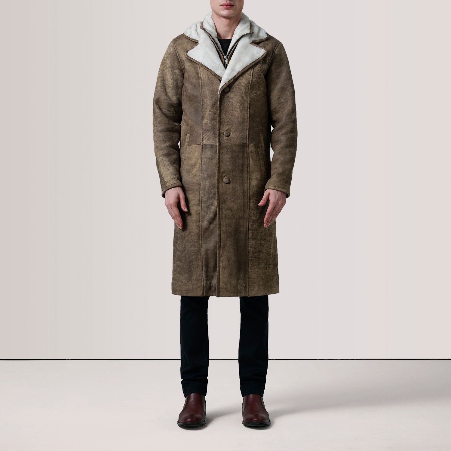 Cai Distressed Brown Leather Shearling Coat - image 2
