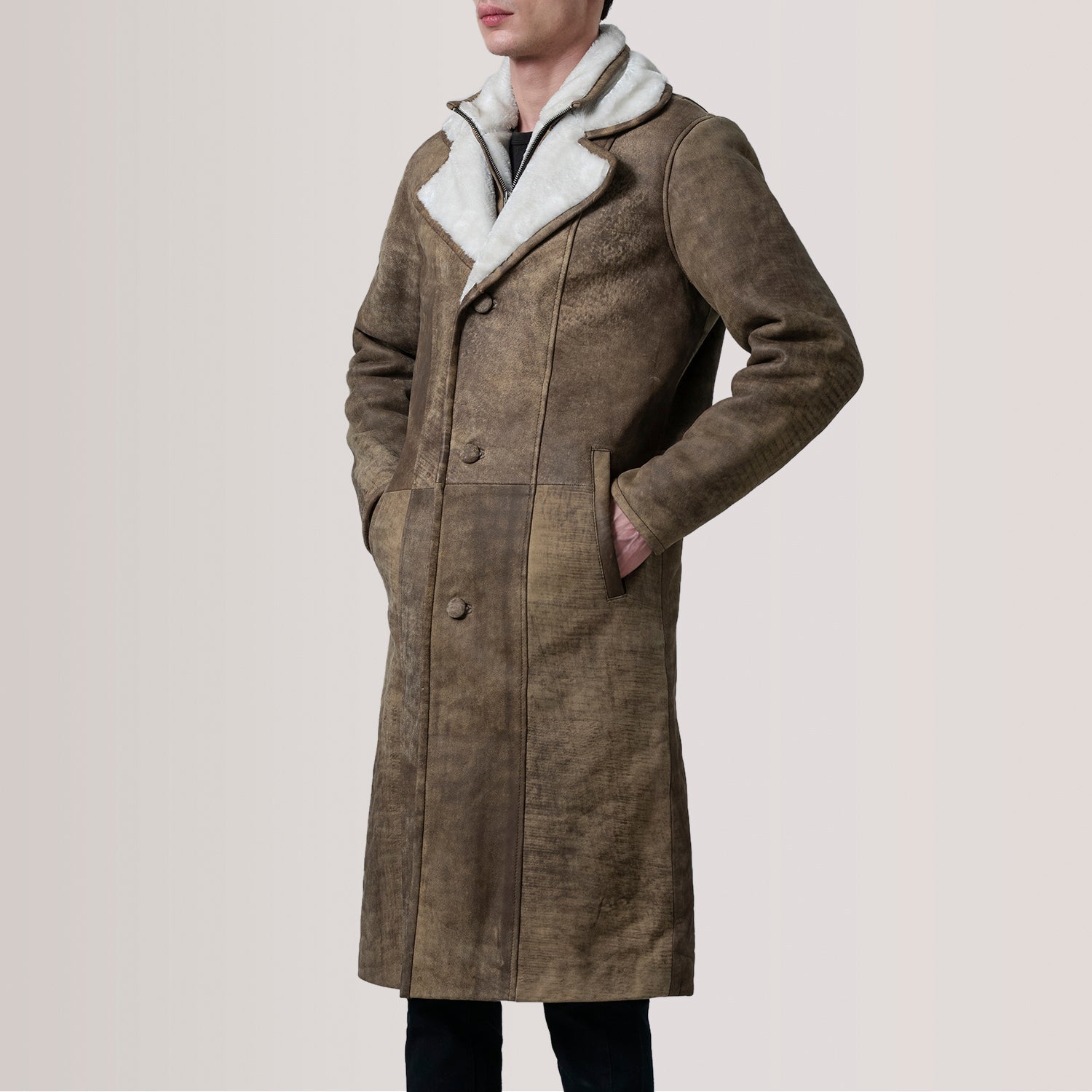 Cai Distressed Brown Leather Shearling Coat - image 3