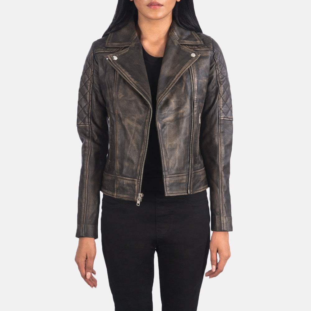 Carolyn Quilted Distressed Brown Leather Biker Jacket – alternate product view 1