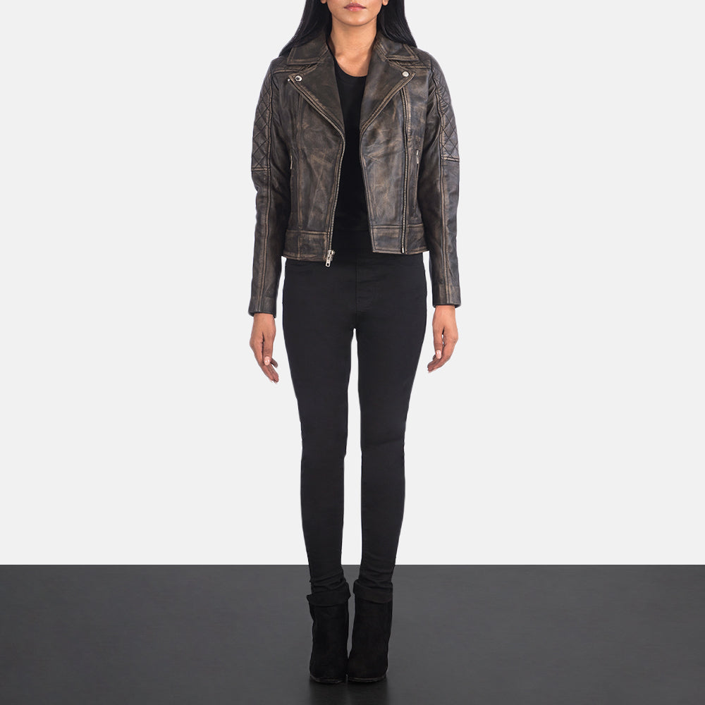 Carolyn Quilted Distressed Brown Leather Biker Jacket – alternate product view 3