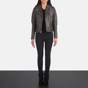 Carolyn Quilted Distressed Brown Leather Biker Jacket – alternate product view 3