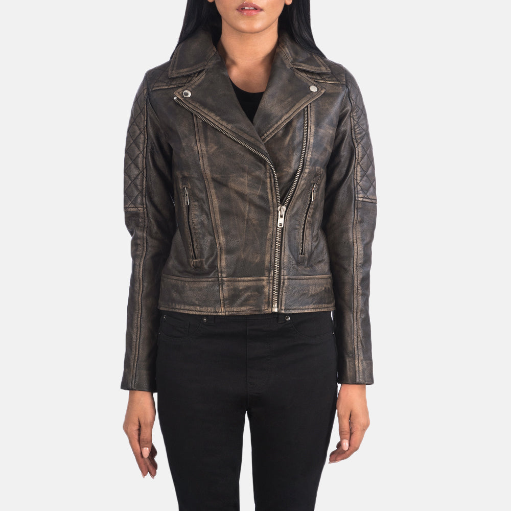 Carolyn Quilted Distressed Brown Leather Biker Jacket – alternate product view 4