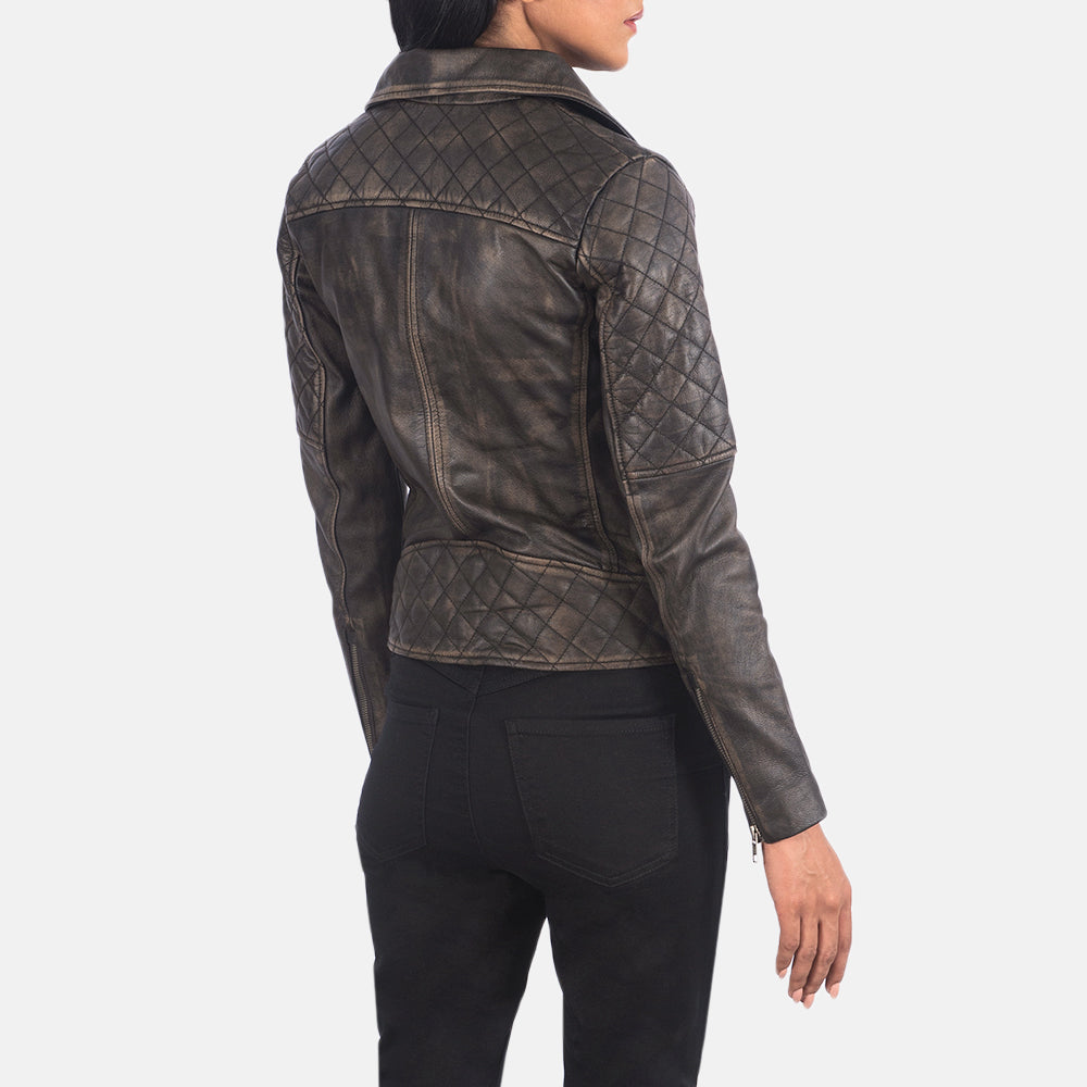 Carolyn Quilted Distressed Brown Leather Biker Jacket – alternate product view 5