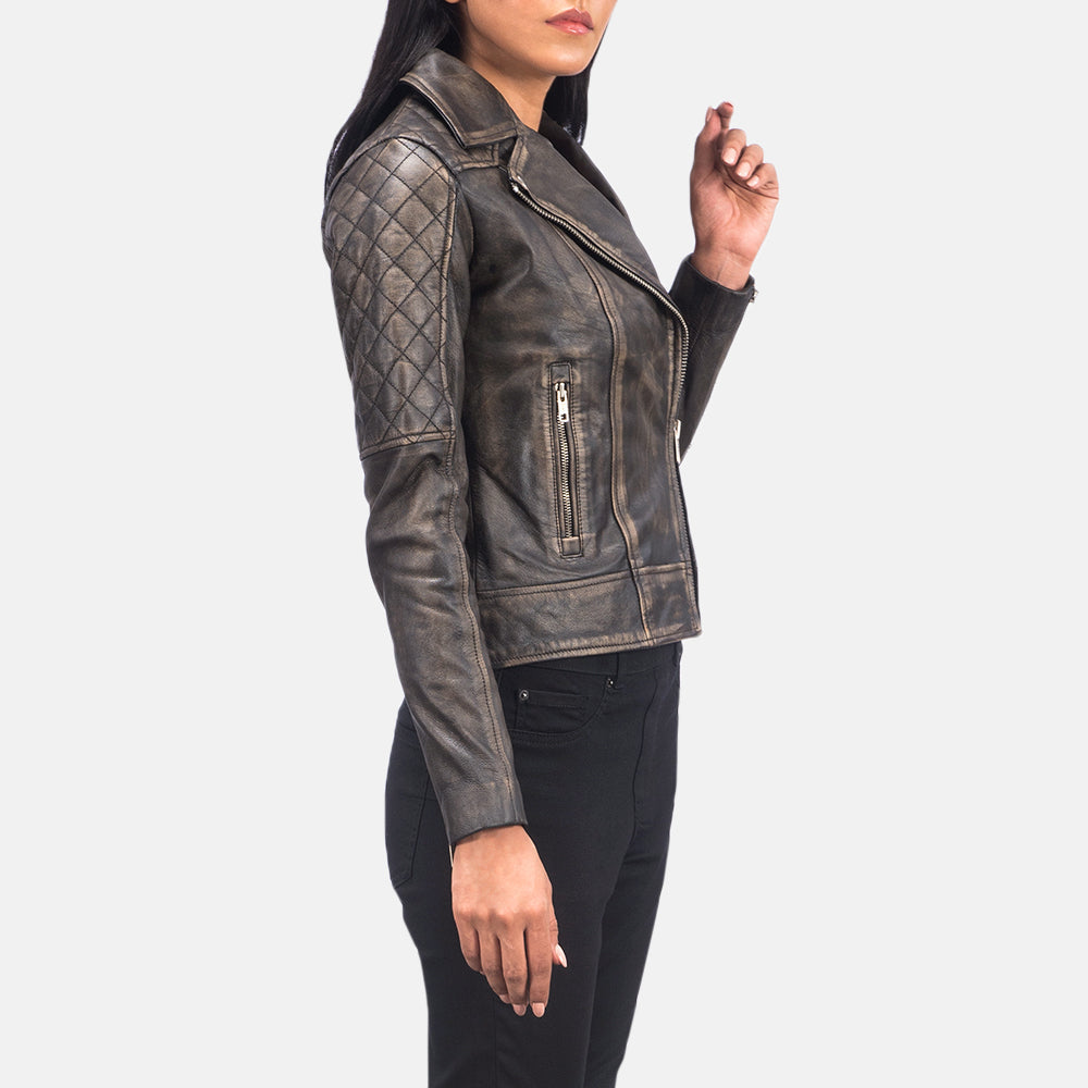 Carolyn Quilted Distressed Brown Leather Biker Jacket – alternate product view 6