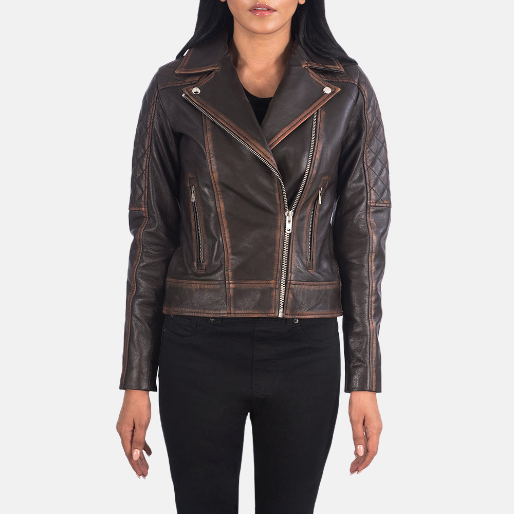 Carolyn Quilted Vintage Brown Biker Jacket - image 1