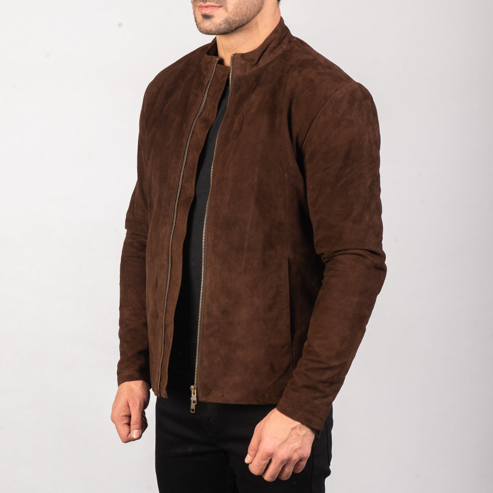 Dark Brown Goatskin Suede Biker Jacket - Back View Showing Tailored Shoulder Fit & Clean Hemline