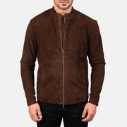 Close-Up Detail of Mandarin & Zipper with Dual Puller Hardware on Men's Charcoal Mocha Suede Biker Jacket