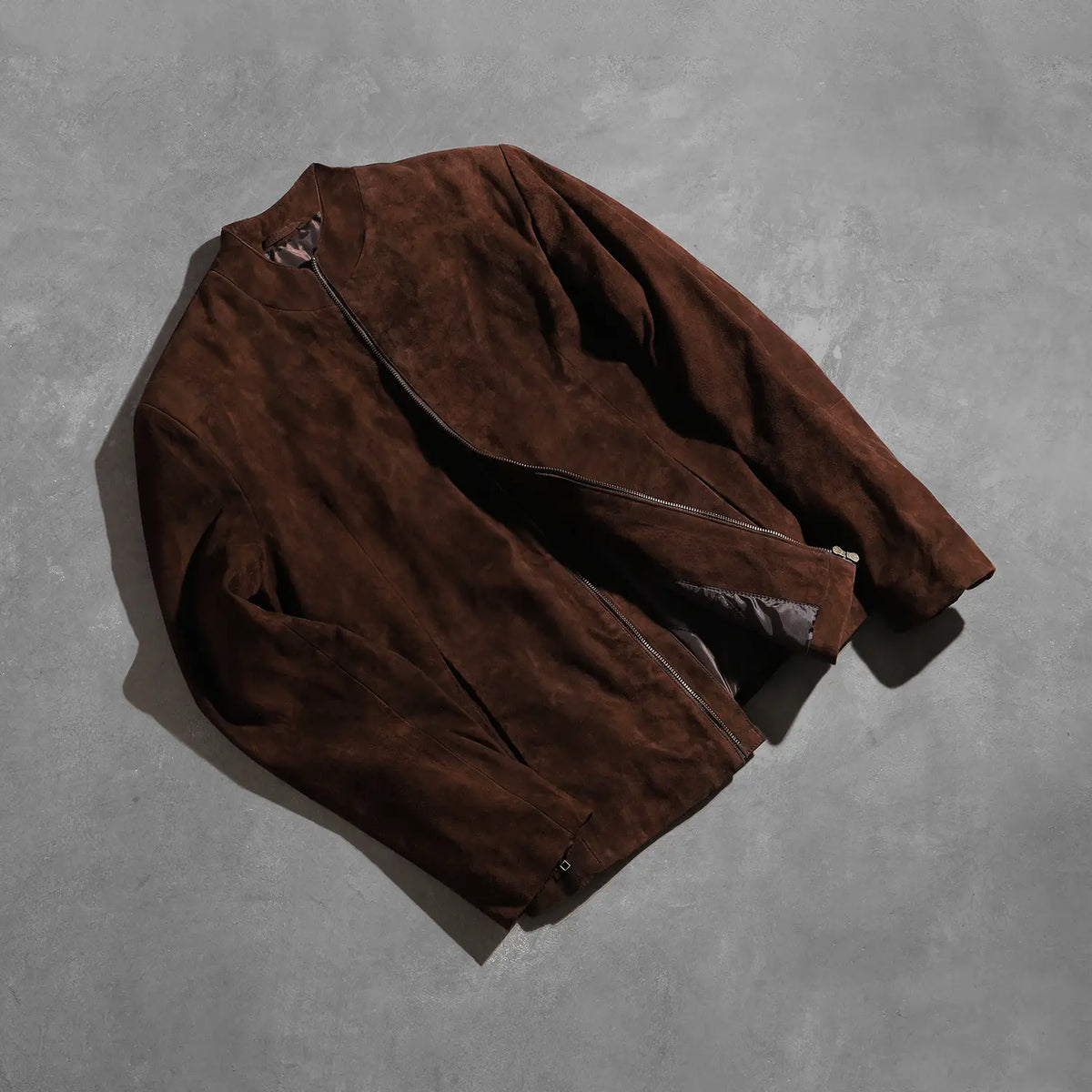 Zipper & Hem Craftsmanship Construction Detail on Men's Charcoal Mocha Suede Biker Jacket