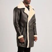 Styled Fit Perspective of Charles Brown Suede Leather Shearling Double-Breasted Coat on Model - Natural Daylight Drape