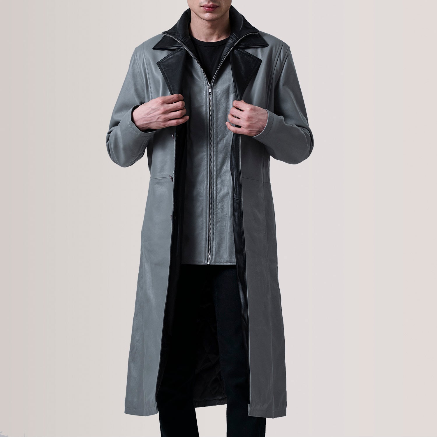 Charlton Grey Leather Single Breasted Coat - image 1
