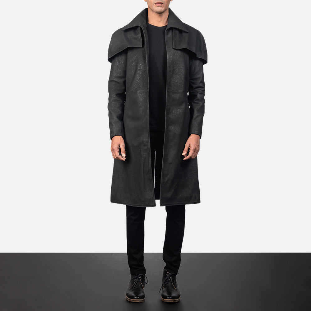 Classic Distressed Black Leather Duster - image 1