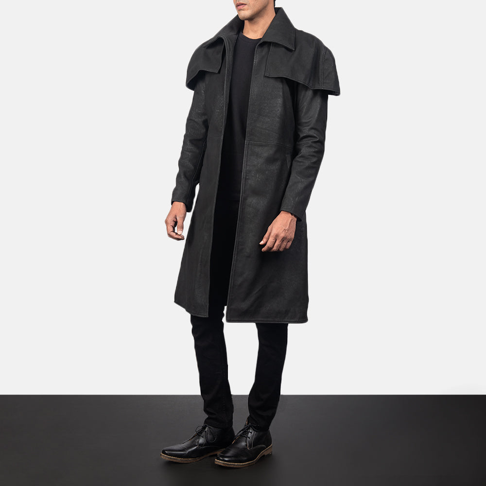 Classic Distressed Black Leather Duster - image 2