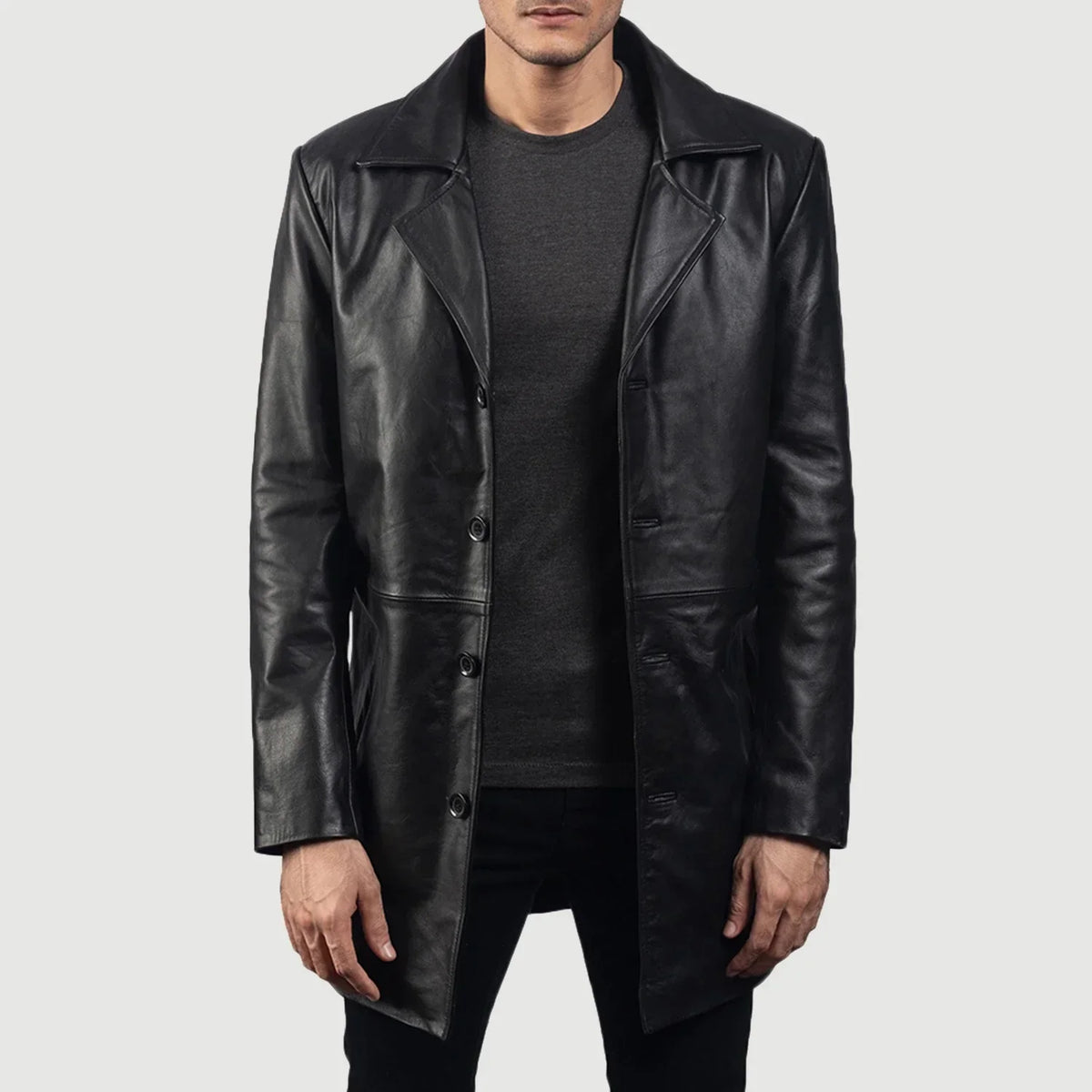 Men's Classmith Black Leather Coat in Black Cowhide Leather - Front Profile View & Tailored Silhouette | Buy Online