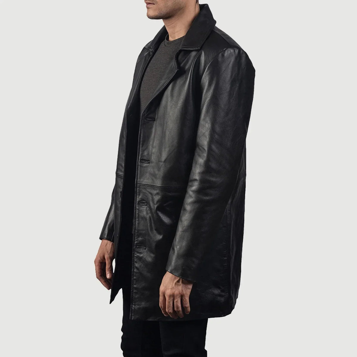 Black Cowhide leather Coat - Back View Showing Tailored Shoulder Fit & Clean Hemline