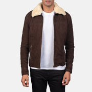Men's Coffner Brown Shearling Fur Jacket in Distressed Brown Goatskin Suede - Front Profile View & Tailored Silhouette | Buy Online