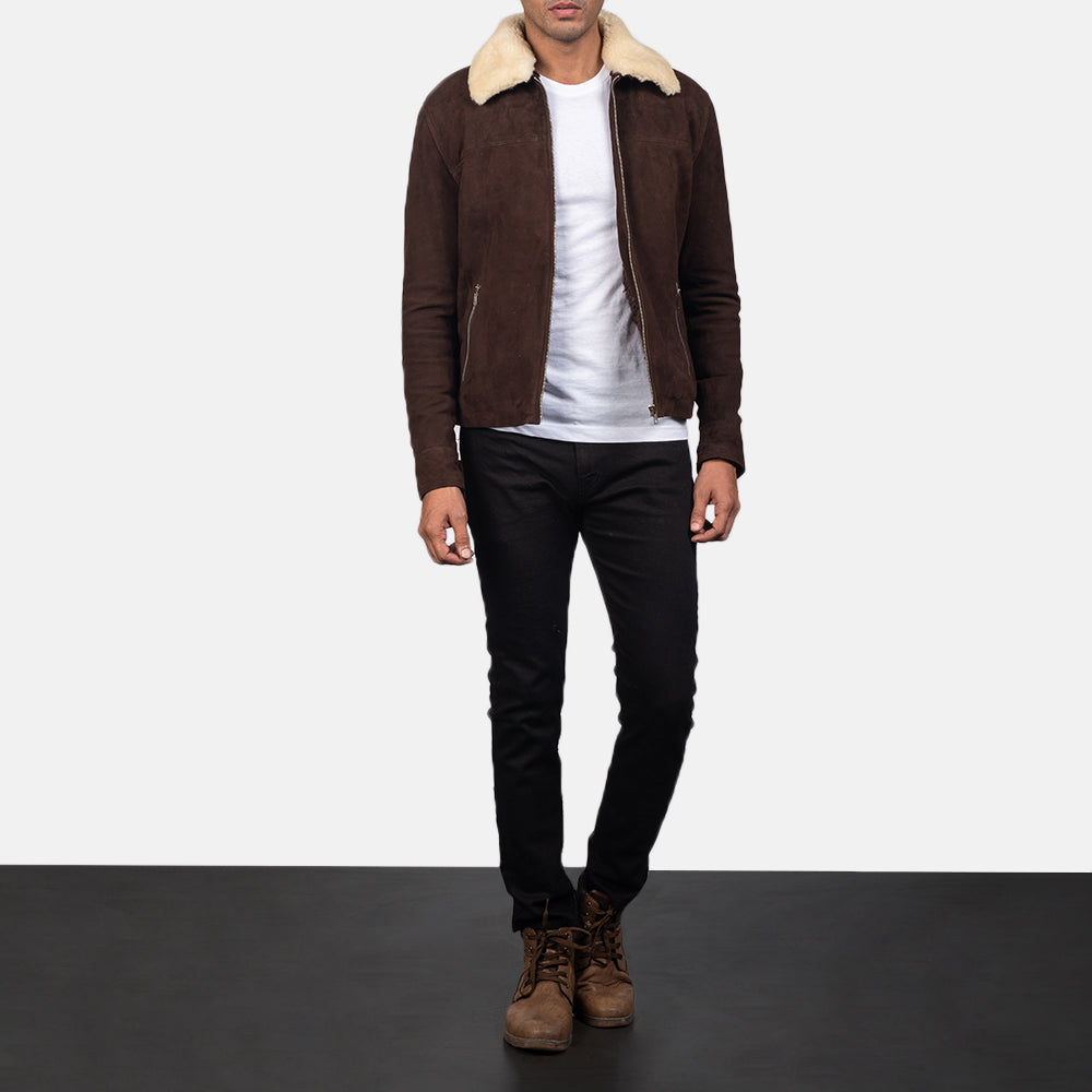 Men's Coffner Brown Shearling Fur Jacket - Lateral Side Profile View Showing Sleeve Cut & Athletic Taper Fit