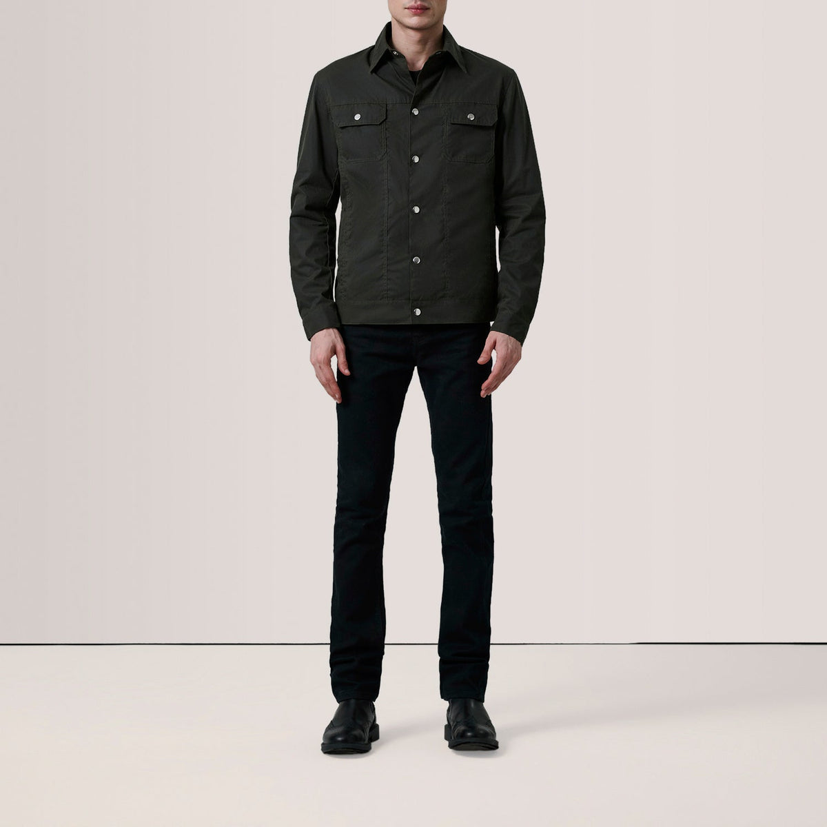 Olive Waxed Cotton Canvas Leather Jacket - Back View Showing Tailored Shoulder Fit & Clean Hemline