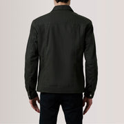 Close-Up Detail of Classic Collar & Snap Button Hardware on Colberto Olive Waxed Canvas Trucker Jacket For Men
