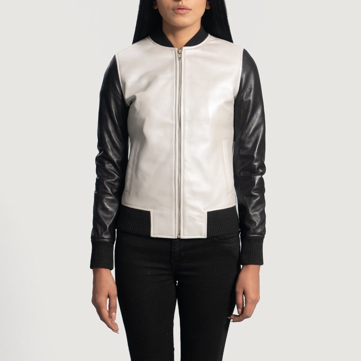 Women's Cole Silver Leather Bomber Jacket in Silver & Black Sheepskin Leather - Front Profile View & Tailored Silhouette | Buy Online