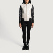 Close-Up Detail of Varsity & Zipper Hardware on Women's Cole Silver Leather Bomber Jacket
