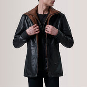 Connor Black Leather Coat For Men in Black Sheepskin Leather - Front Profile View & Tailored Silhouette | Buy Online