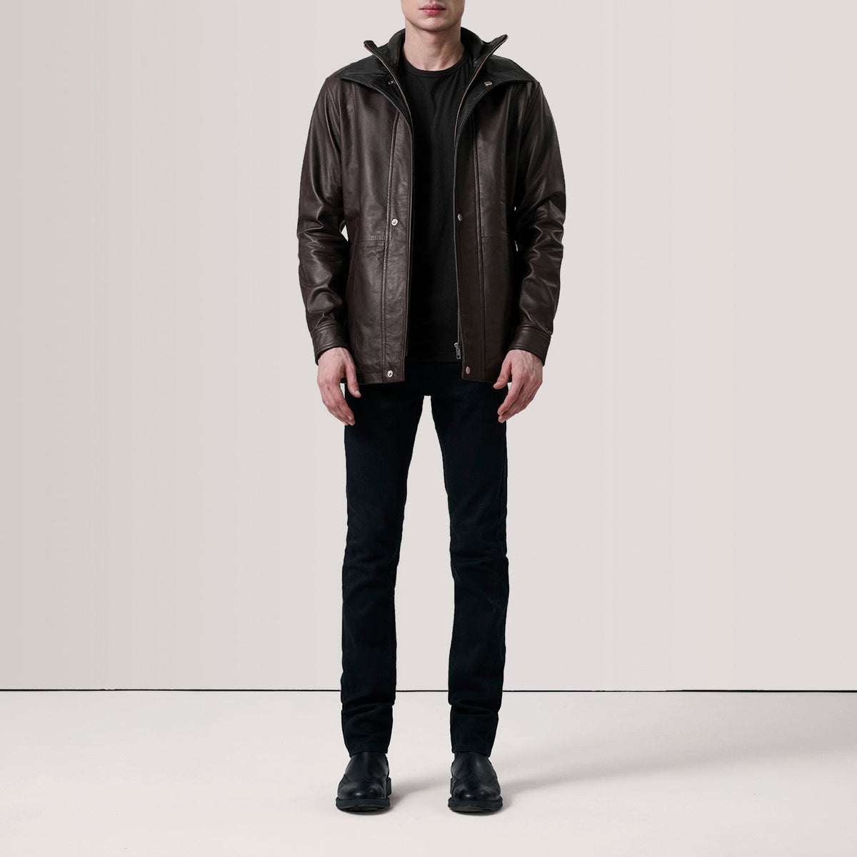 Styled Fit Perspective of Connor Black Leather Coat For Men on Model - Natural Daylight Drape