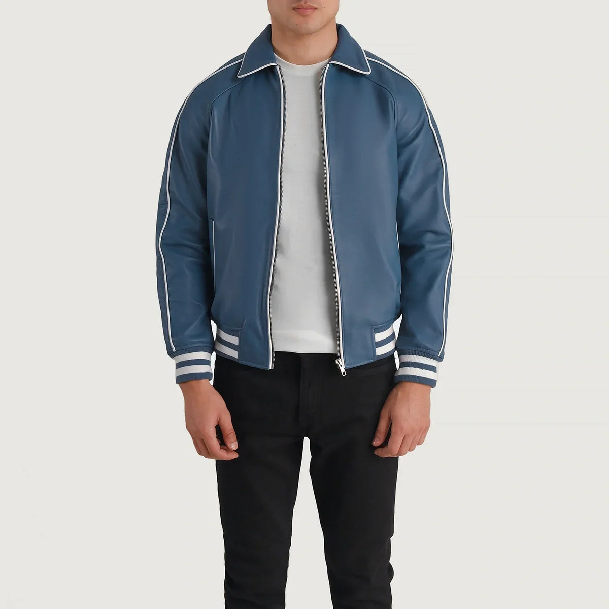Cooper Blue Leather Varsity Jacket in Blue Sheepskin Leather - Front Profile View & Tailored Silhouette | Buy Online