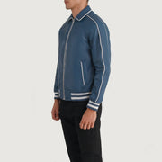 Blue Sheepskin Leather Varsity Jacket - Back View Showing Tailored Shoulder Fit & Clean Hemline