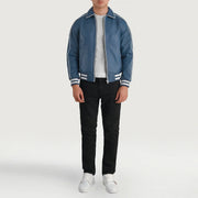 Cooper Blue Leather Varsity Jacket - Lateral Side Profile View Showing Sleeve Cut & Athletic Taper Fit