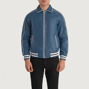 Close-Up Detail of Shirt collar & Zipper Hardware on Cooper Blue Leather Varsity Jacket