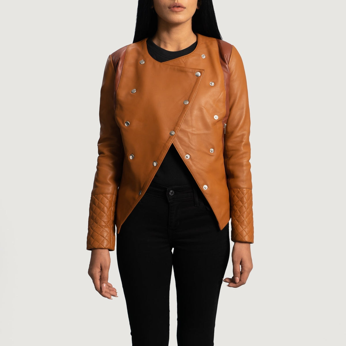Women's County Tan Overlap Leather Jacket - Lateral Side Profile View Showing Sleeve Cut & Athletic Taper Fit