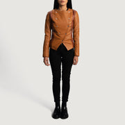 Close-Up Detail of Classic Collar & Button Hardware on Women's County Tan Overlap Leather Jacket