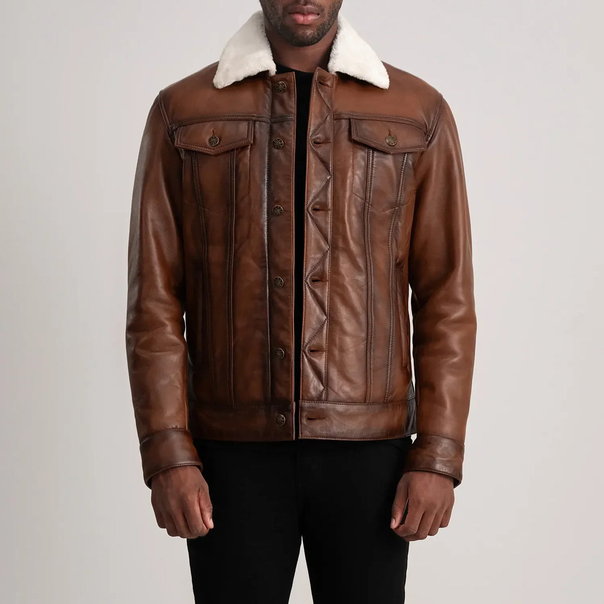 Dallis Brown Leather Shearling Trucker Jacket in Waxed Brown Sheepskin Leather - Front Profile View & Tailored Silhouette | Buy Online