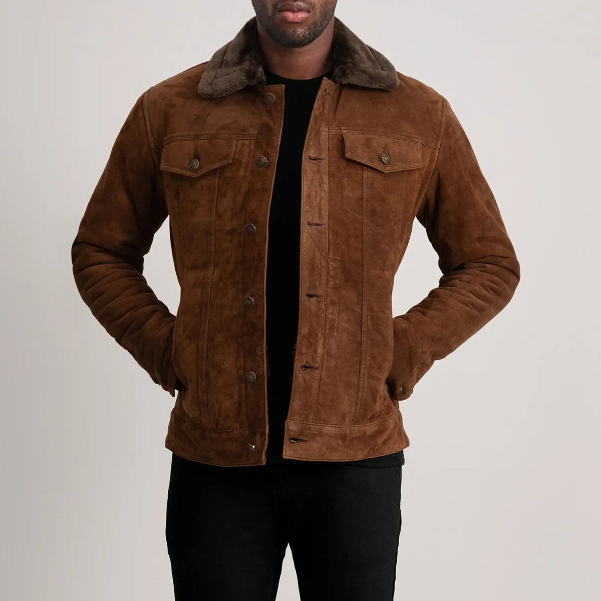 Dallis Brown Suede Shearling Trucker Jacket in Brown Goatskin Suede - Front Profile View & Tailored Silhouette | Buy Online