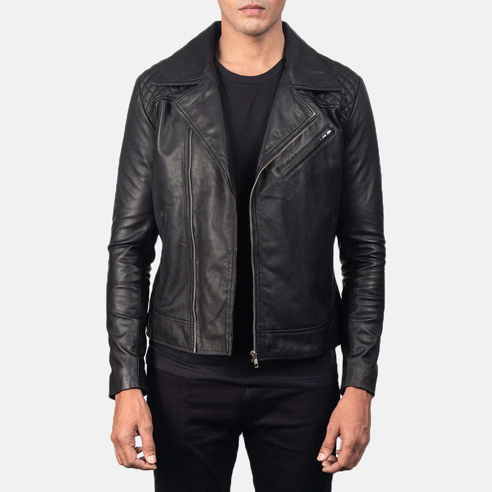 Men's Danny Quilted Brown Leather Biker Jacket in Distressed Brown Goatskin Leather - Front Profile View & Tailored Silhouette