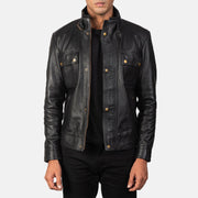 Men's Darren Black Leather Biker Jacket - Lateral Side Profile View Showing Sleeve Cut & Athletic Taper Fit