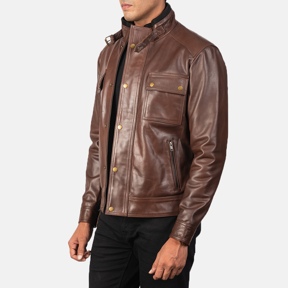 Styled Fit Perspective of Men's Darren Black Leather Biker Jacket on Model - Natural Daylight Drape
