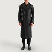 Delmar Black Leather Double Breasted Coat - Lateral Side Profile View Showing Sleeve Cut & Athletic Taper Fit