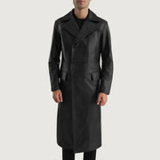 Close-Up Detail of Notch & Button Hardware on Delmar Black Leather Double Breasted Coat
