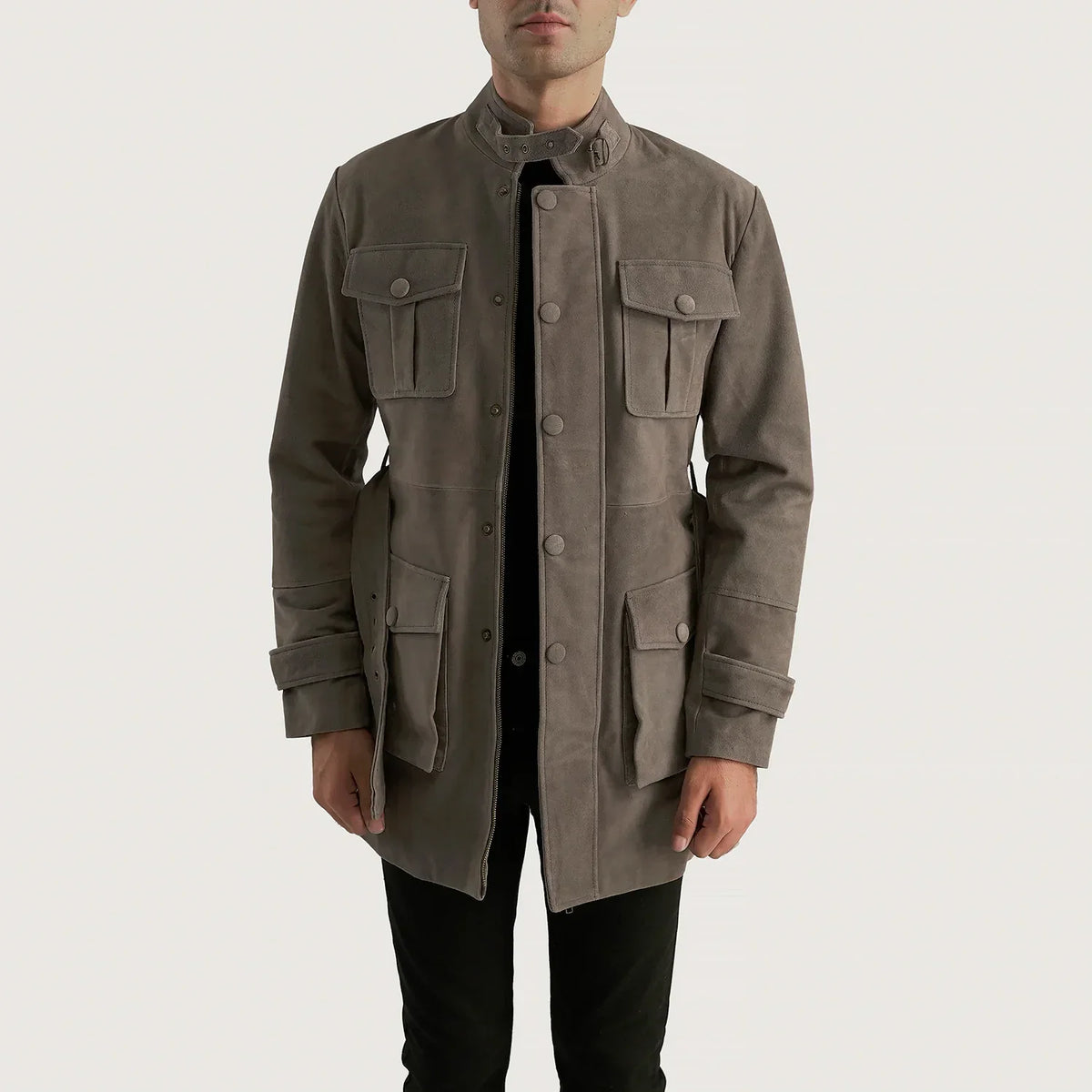 Dolf Grey Suede Jacket in Grey Cowhide Suede - Front Profile View & Tailored Silhouette | Buy Online