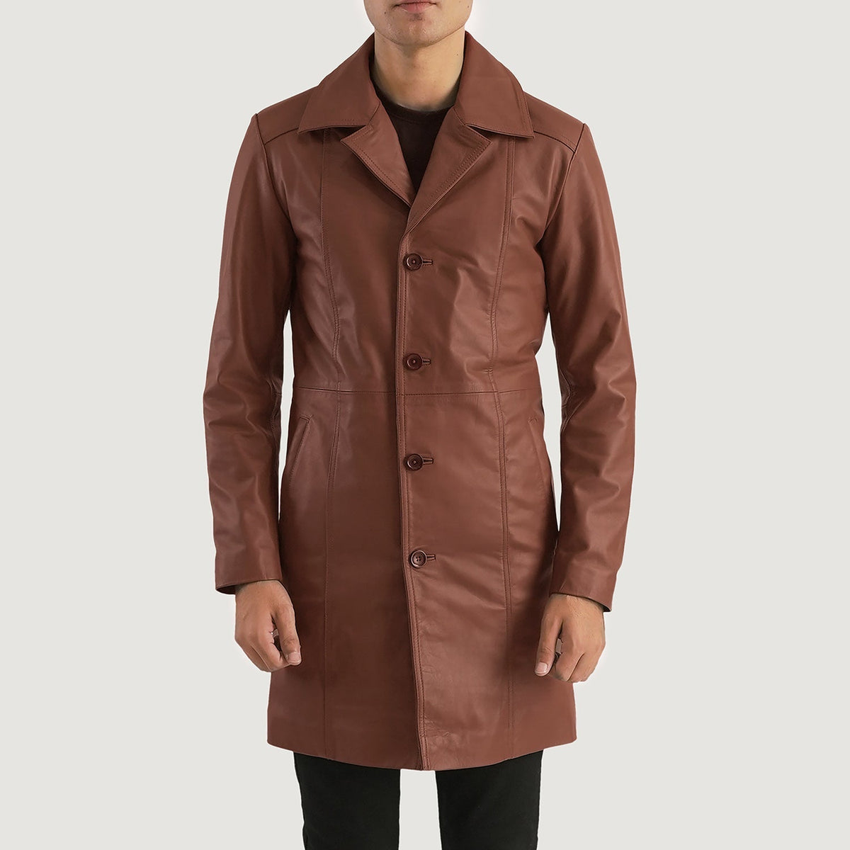 Close-Up Detail of Notch & Button Hardware on Don Long Brown Leather Coat