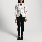 Close-Up Detail of Notch & Button Hardware on Women's Donna Blake White Leather Blazer
