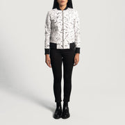 Close-Up Detail of Varsity & Zipper Hardware on Women's Donna Blake White Leather Bomber Jacket