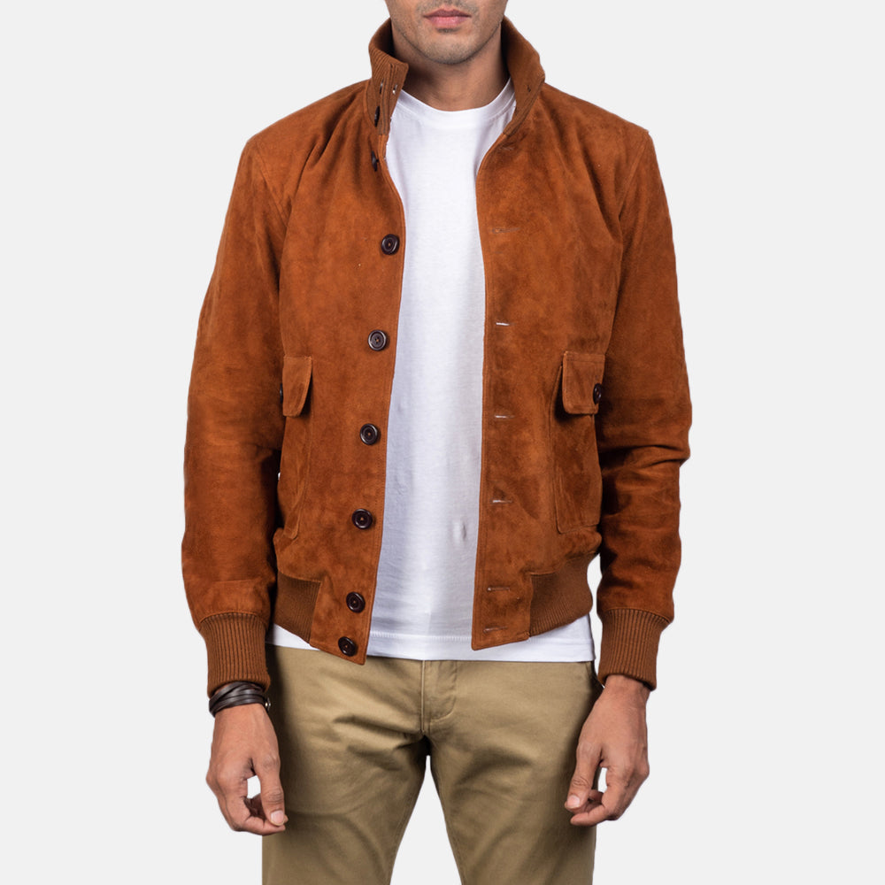 Knit Rib & Hem Craftsmanship Construction Detail on Men's Eaton Brown Suede Bomber Jacket