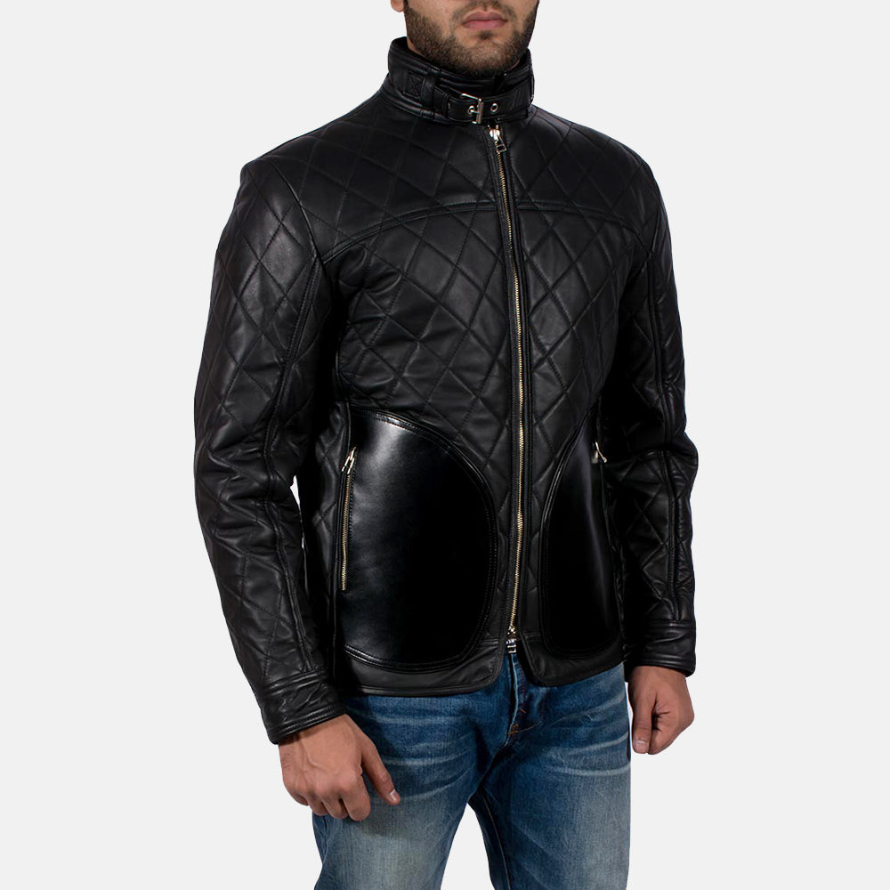 Close-Up Detail of High neck with Belt & Zipper Hardware on Equilibrium Black Leather Jacket