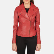 Women's Flashback Red Leather Biker Jacket in Red Sheepskin Leather - Front Profile View & Tailored Silhouette | Buy Online